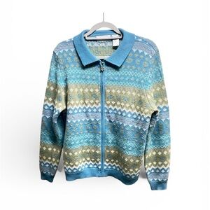 Vintage 80s Alfred Dunner Blue Bead Embellished Zip-Up Grandma core Cardigan